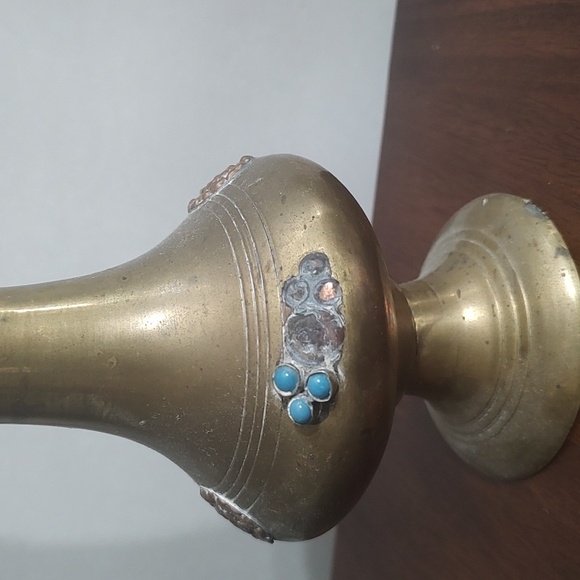 Brass Vase Coral Turquoise Glass Design - Picture 5 of 12